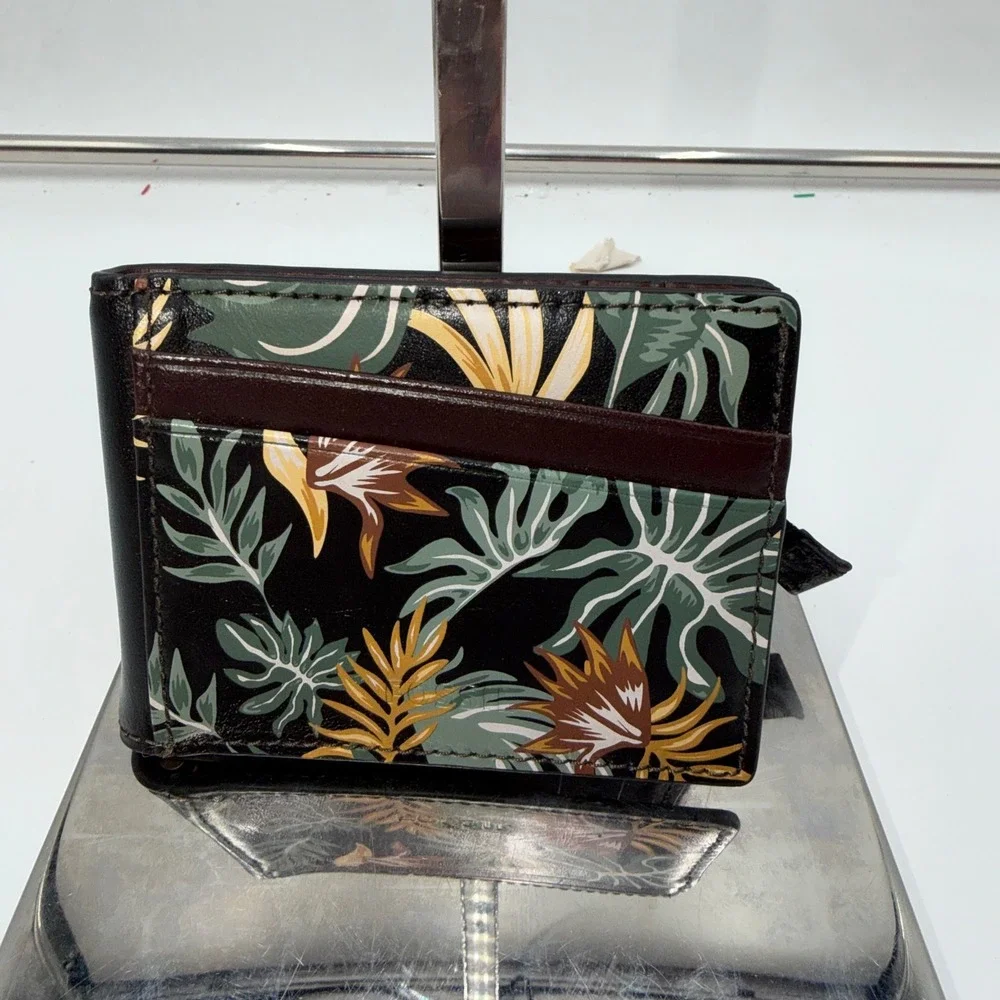 Fossil Mens Leather Bifold Money Clip Wallet Tropical Floral Print Black Brown